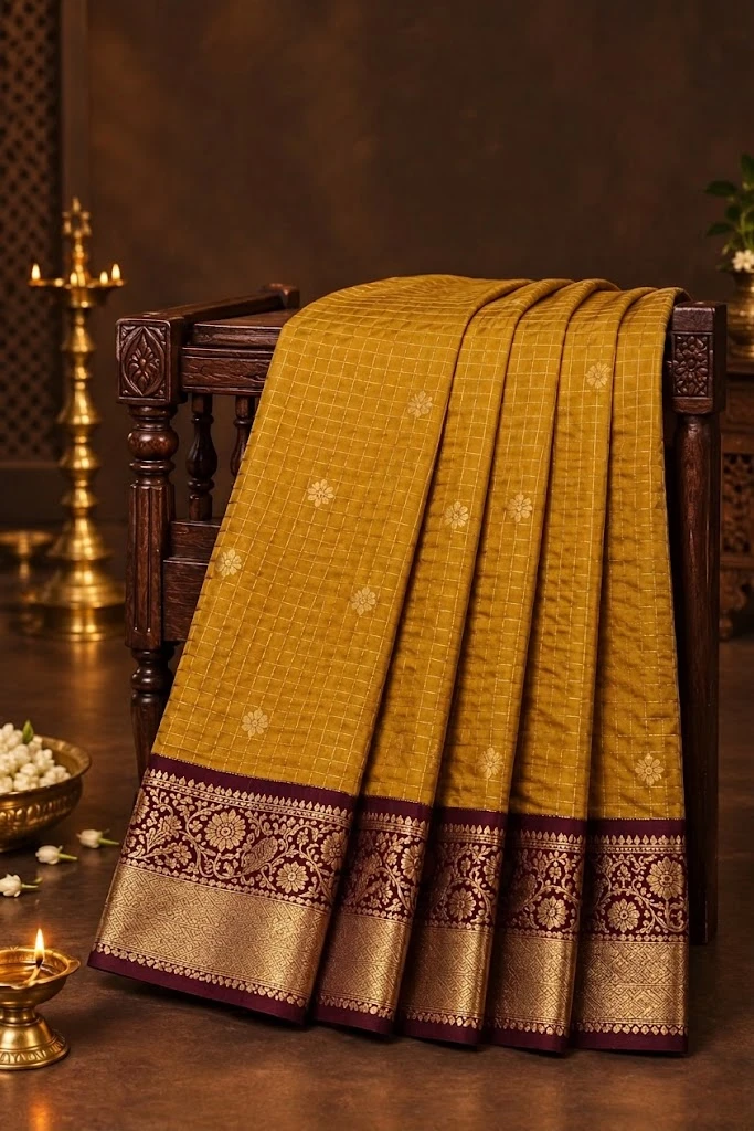 Mustard saree with a maroon border and gold zari