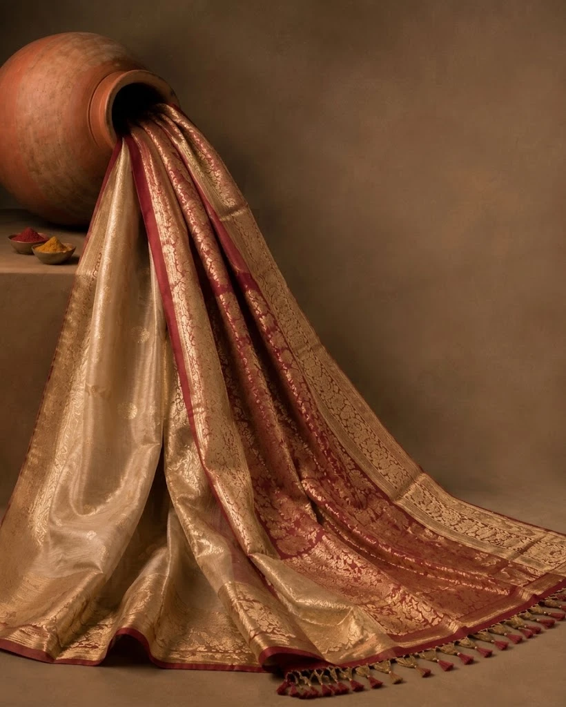 Gold tissue saree draping from a clay pot