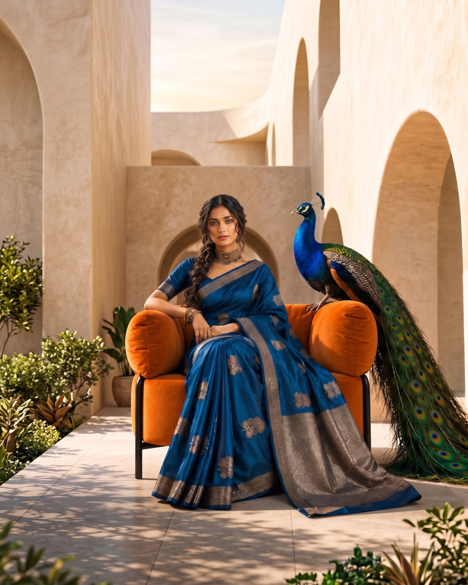 A bride in a blue zari saree, seated beside a peacock in a sunlit courtyard